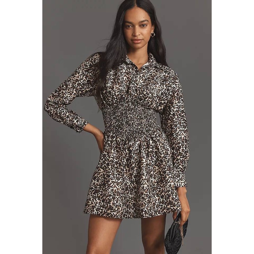 Anthropologie Hutch Long Sleeve V Neck Smocked Mini Dress Leopard Animal Print L